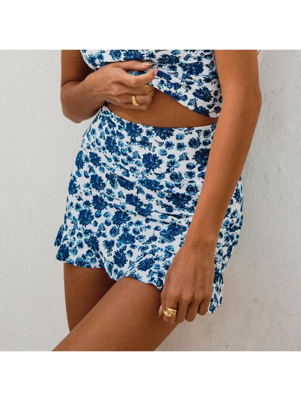 Albion Fit Santorini High-Waisted Swim Skirt Blue-and-White Floral Print Size M
